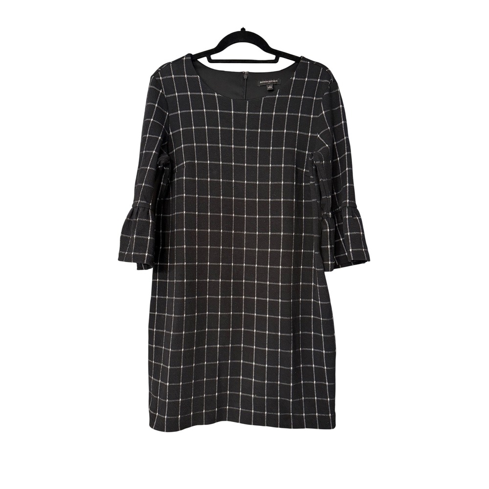 Banana Republic Black White Plaid Bell Sleeve Shift Dress‎ Size 8